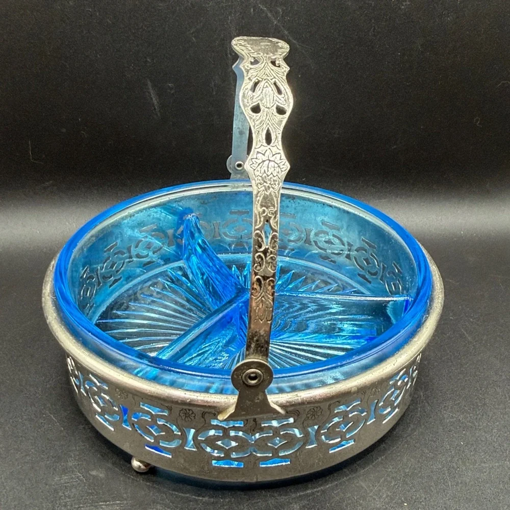 Vintage Mid Century Blue Glass Divided Dish in Silver Tone Metal Handled Basket
